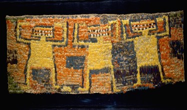 Featherwork banner, flag of part of a tabbard depicting stylised deities