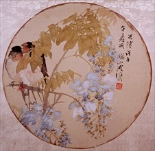Painting by Jen Po nien:Swallows on a Wisteria,(hanging scroll)