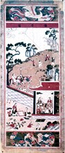 A folk painting depicting various scenes of daily life