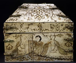 An ivory covered wooden casket with a painted design including two peacocks and a seated musician playing a harp