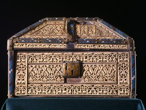 A casket of wood, gilded leather and ivory plaques