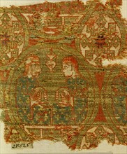 A fragment of a compound silk weaving with gilt membrane yarns
