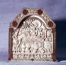 One side of a casket decorated with gold and rubies