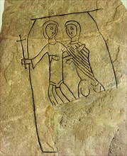 Stele from the early Christian period, inscribed with an image of a couple thought to be stepping through the gates of paradise