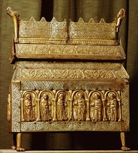 Reliquary shrine with incised decoration and repousse panels depicting saints from Eriksbergs Church, Vastergotland