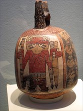 Polychrome ceramic bottle depicting a warrior armed with spears and wearing face paint