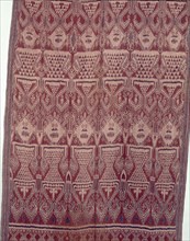 Warp ikat pua cloth worn by Iban people in ritual ceremonies called gawai connected with agriculture, warfare and the commemoration of the dead
