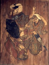 A door panel decorated with painting of two Kyogen actors