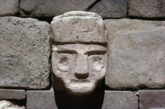 A tenoned head sculpture embedded in the interior wall of the Semi subterranean Temple