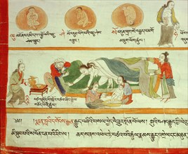A detail of a medical thangka from a version of the commentary on the ancient Four Tantras, the fundamental treatise of Tibetan medicine