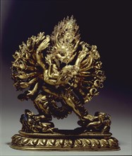 A yab yum icon of Vajrabhairave also known as Yamantaka, in his form of the Conqueror of Yama (the Lord of the Dead), with his prajna, the Tibetan Shakti or wisdom