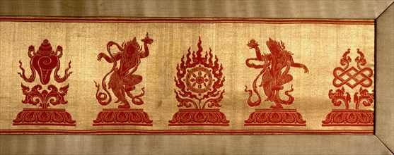 Sino Tibetan silk and gold brocade altar cloth depicting eight auspicious emblems interspersed by puja devis (offering goddesses) who offer gifts to the five Dhyani Buddhas, or Buddhas of meditation