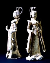 Pottery models of two Tang princesses, embellished with painted and gilded detail