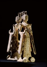 Pottery models of two Tang princesses, embellished with painted and gilded detail