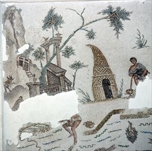 Part of a mosaic pavement depicting fishing in a large lake full of many kinds of fish: on the banks an African hut, together with fragments of classical architecture