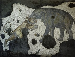 A mosaic depicting an elephant attacking a lion which is thought to be from The Great Palace of the Emperors in Constantinople