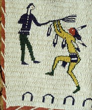 Beadwork decoration on a sleeveless jacket showing fighting between an Indian and a white man