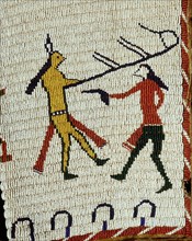 Beadwork decoration on a sleeveless jacket showing fighting between an Indian and a white man