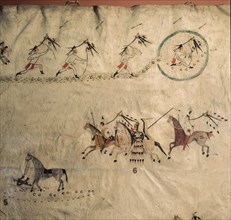 Hide painting depicting a battle between the Sioux and the Blackfoot