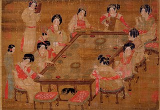 An anonymous painting Banquet and Concert which depicts elegant ladies of the Tang imperial court enjoying a feast and music