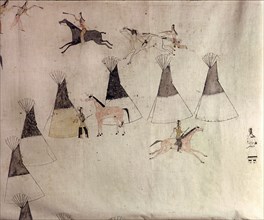 Hide painting depicting a horse stealing raid