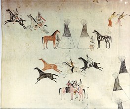 Hide painting depicting a horse stealing raid
