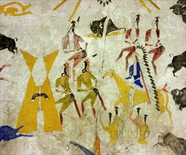 Hide painting depicting a buffalo dance after the hunt