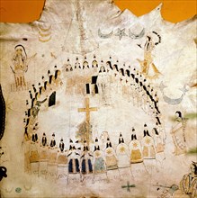 Hide painting with a representation of the Sun Dance which served to thank the sun for past favours and to request renewed protection