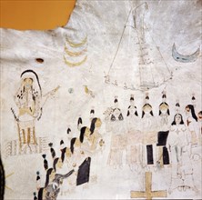 Hide painting with a representation of the Sun Dance which served to thank the sun for past favours and to request renewed protection (detail)