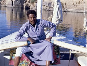 Boatman on the river Nile at the Nilometre at Elephantine