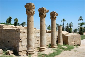 Graeco-Roman temple remains and standing columns outside the main Temple of Hathor