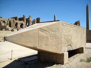 The top section of Hatshepsut's second monumental obelisk with depiction of the Queen being crowned by Amun as a male pharaoh