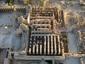 Aerial view of Karnak Great Hypostyle Hall and the obelisk of Tuthmosis II