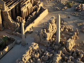 Aerial view of Karnak showing the obelisk of Tuthmosis II (left) and Queen Hatshepsut (rights)