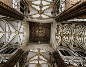 The richly ornamented Gothic vaulting at the intersection of the north and south transepts