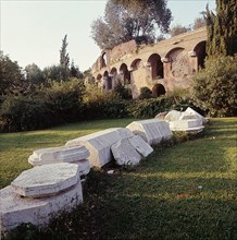 Exterior view of the Baths of Trajan which cover the remains of the Golden House of Nero