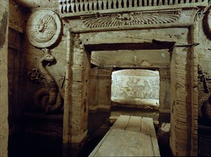 The extensive complex of burial chambers at Kom el-Shuqafa, combining Greek and Egyptian design elements