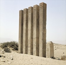 Five pillars still standing on the site of the Baran Temple, near the ancient city of Marib