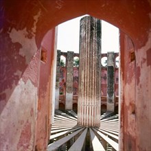 The view of the giant sundial which is one of the instruments at the observatory built by Sawai Jai Singh in Jaipur, the capital city of the state of Rajasthan