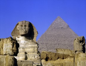 The Giza Sphinx with the pyramid of Khephren in the background