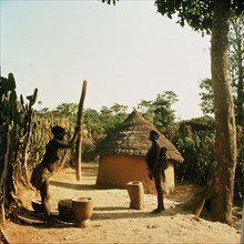 A woman grinding millet with a pestle and mortar in a Miango village near Jos