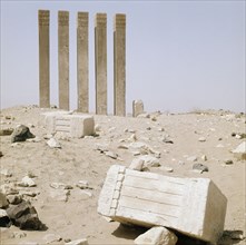 Five pillars still standing on the site of the Baran Temple near the ancient city of Marib