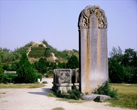 The memorial stele at the tomb mound of Li Shimin, Emperor Tai Zong, the son of the founder of the Tang dynasty
