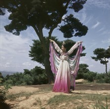 A dancer dressed as a butterfly in a pink and purple robe