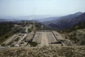 View of the Ball-court at Xochicalco, showing the city's hilltop location