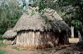 View of a reconstruction of a typical Mayan dwelling