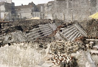 View of sculpted snake forming part of a 'snake wall', El Templo Mayor, Tenochtitlan (Mexico City)