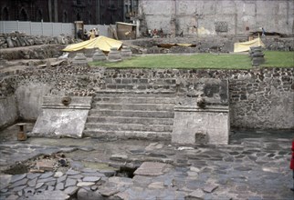 View of the 'Temple of the Eagle Warriors' during the excavations of El Templo Mayor in Mexico City