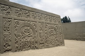'Huaca del Dragon' outside Trujillo, north coast of Peru, showing detailof ceremonial platform decorated with clay frieze of maritime motifs