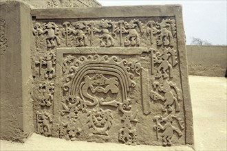 'Huaca del Dragon' outside Trujillo, north coast of Peru, showing detai lof ceremonial platform decorated with clay frieze of maritime motifs, including the distinctive 'double-headed dragon wave' mot...